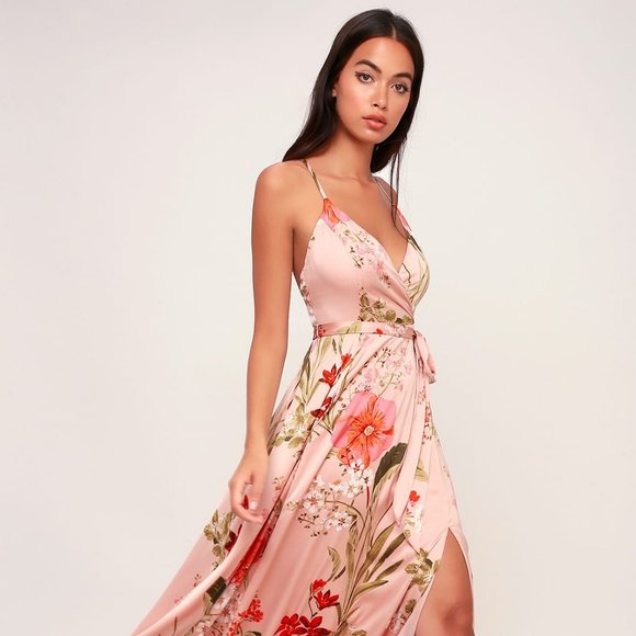 Lulus | Dresses | Still The One Blush Pink Floral Print Satin Maxi